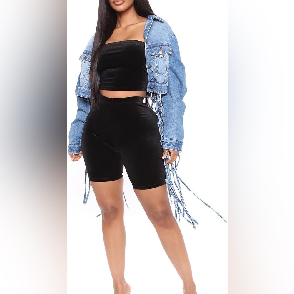 Cropped Denim Fringe Jean Jacket Back Hollow Out Knotted Tassel Distressed XXL - Picture 2 of 14